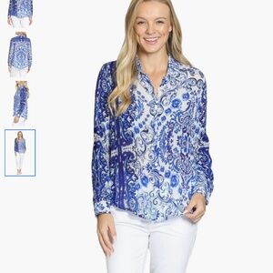 APNY Damask Print Roll Tab Sleeve Button-Up Shirt, sise XS